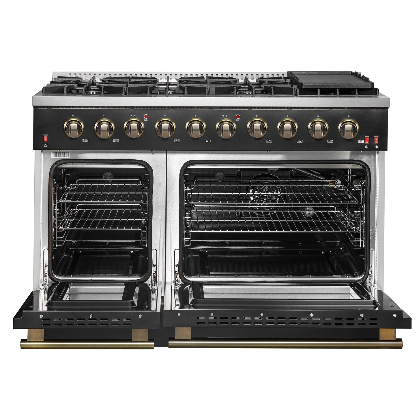 FORNO Galiano 48-inch Gas Range Black & Antique Brass Design, 8 Burners, 107,000 BTU, Griddle, 6.58 cu.ft. Double Ovens