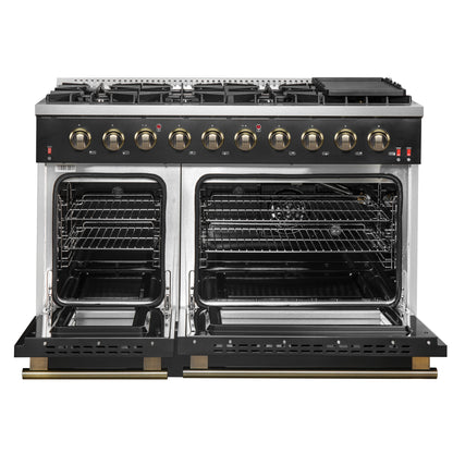 FORNO Galiano 48-inch Gas Range Black & Antique Brass Design, 8 Burners, 107,000 BTU, Griddle, 6.58 cu.ft. Double Ovens