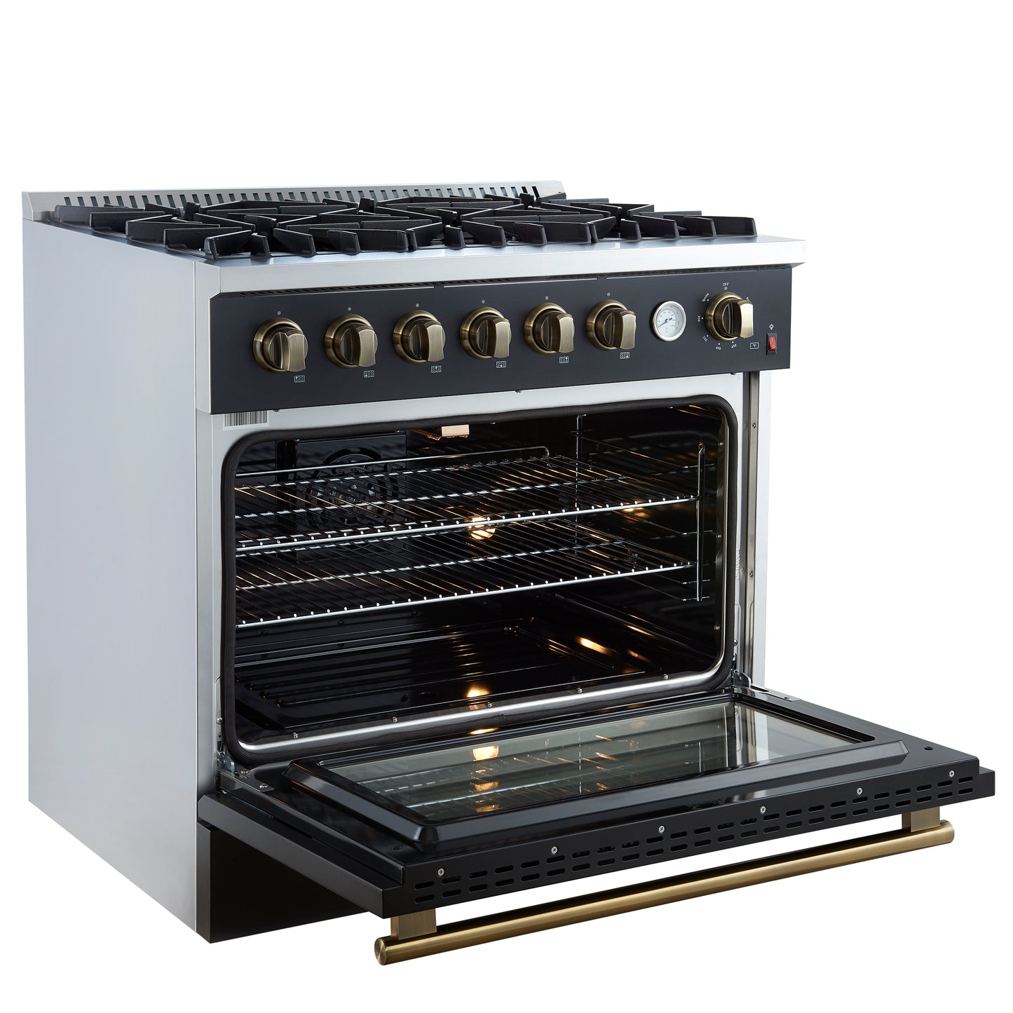 Marco 36-Inch Gas Range Black & Antique Brass Design, 6 Burners 67,000 BTU, 5.36 cu.ft. Convection Oven