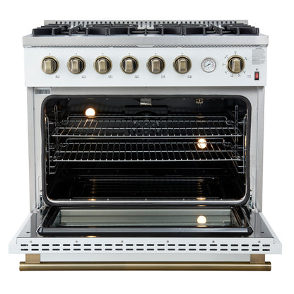 Marco 36-Inch Gas Range White & Antique Brass Design, 6 Burners 67,000 BTU, 5.36 cu.ft. Convection Oven