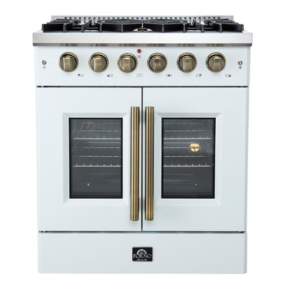 Forno Galiano 30-inch French Door Gas Range
White with Antique Brass Design, 5 Burners,
68,000 BTU, 4.32 cu.ft. Convection Oven