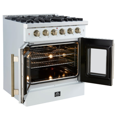 Forno Galiano 30-inch French Door Gas Range
White with Antique Brass Design, 5 Burners,
68,000 BTU, 4.32 cu.ft. Convection Oven