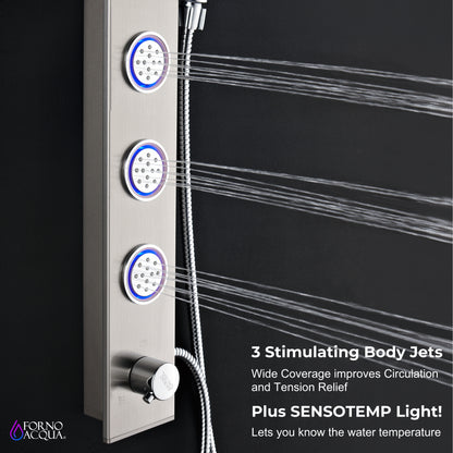 Forno Acqua AcquaSpa Shower Panel with SensoTemp, Stainless Steel, Overhead Rainfall Shower, Handheld Shower Head, Body Jets, 2.5 GPM Flow Rate