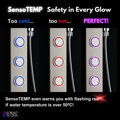 Forno Acqua AcquaSpa Shower Panel with SensoTemp, Stainless Steel, Overhead Rainfall Shower, Handheld Shower Head, Body Jets, 2.5 GPM Flow Rate