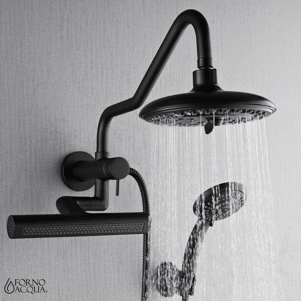 Forno Acqua AcquaFALL Mini 8 Inch Shower Head, Matte Black Finish, Overhead Rainfall Shower, Handheld Shower Head, Body Jets, 1.8 GPM Flow Rate
