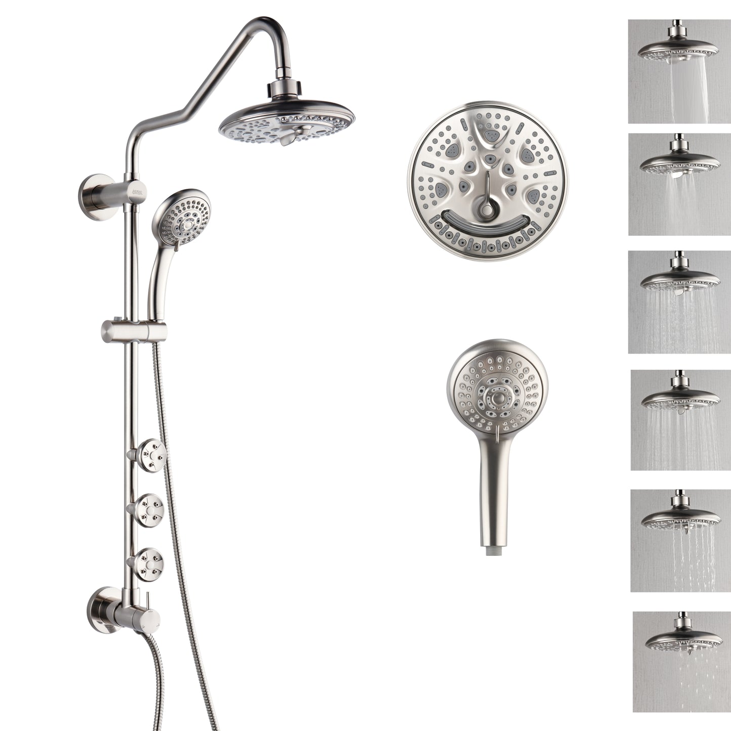 Forno Acqua AcquaSPA Retrofit Shower, Overhead Rainfall, 8 Inch Shower Head, Handheld Shower Head, Body Jets, 6 Way Diverter, Brushed Nickel Finish, 1.8 GPM Flow Rate