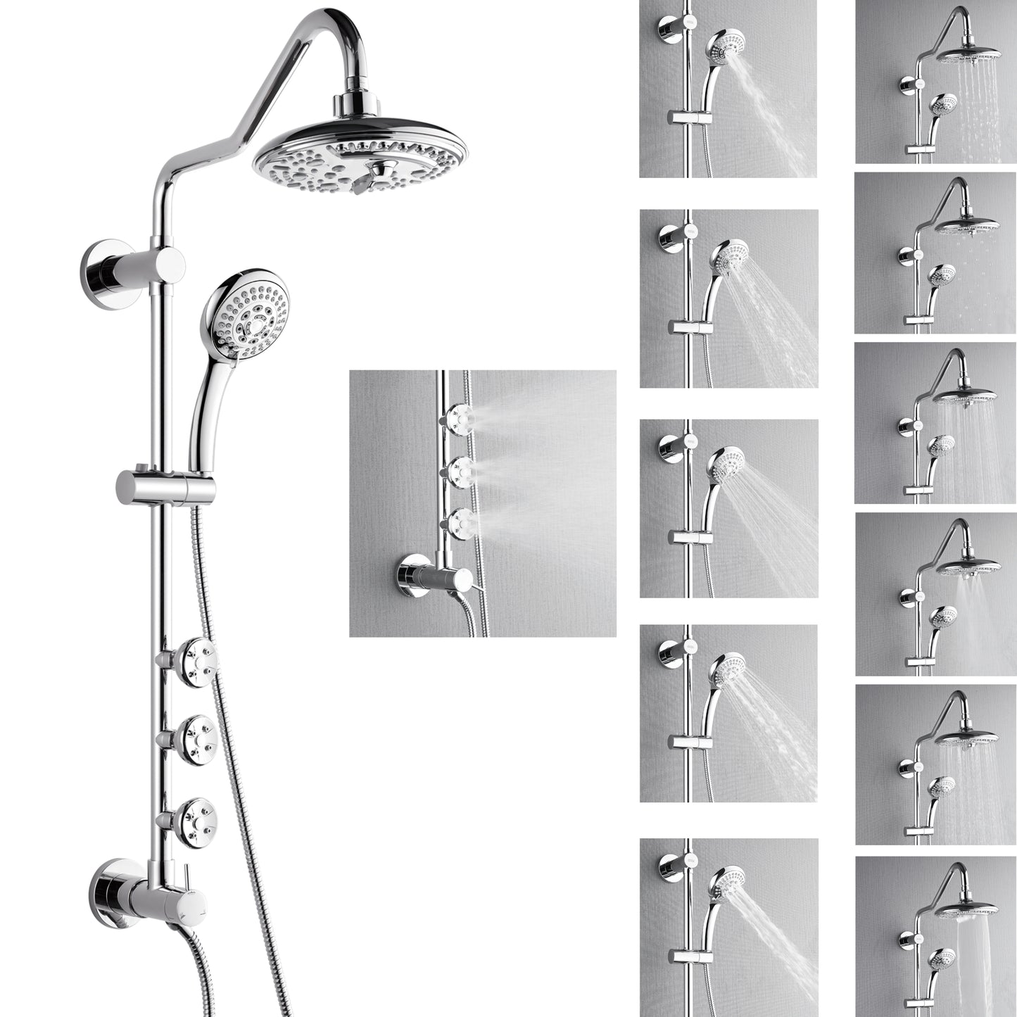 Forno Acqua AcquaSPA Retrofit Shower, Overhead Rainfall, 8 Inch Shower Head, Handheld Shower Head, Body Jets, 6 Way Diverter, Polished Stainless Steel Finish, 1.8 GPM Flow Rate