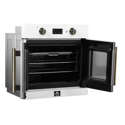 Forno Asti 30-Inch French Door Electric Wall Oven in White & Antique Brass, 3.68 cu. ft. True Convection, 3,600W, Air Fry, Sous Vide, Self-Clean