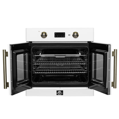 Forno Asti 30-Inch French Door Electric Wall Oven in White & Antique Brass, 3.68 cu. ft. True Convection, 3,600W, Air Fry, Sous Vide, Self-Clean