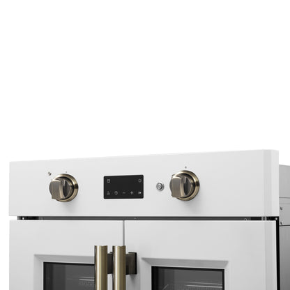 Forno Asti 30-Inch French Door Electric Wall Oven in White & Antique Brass, 3.68 cu. ft. True Convection, 3,600W, Air Fry, Sous Vide, Self-Clean