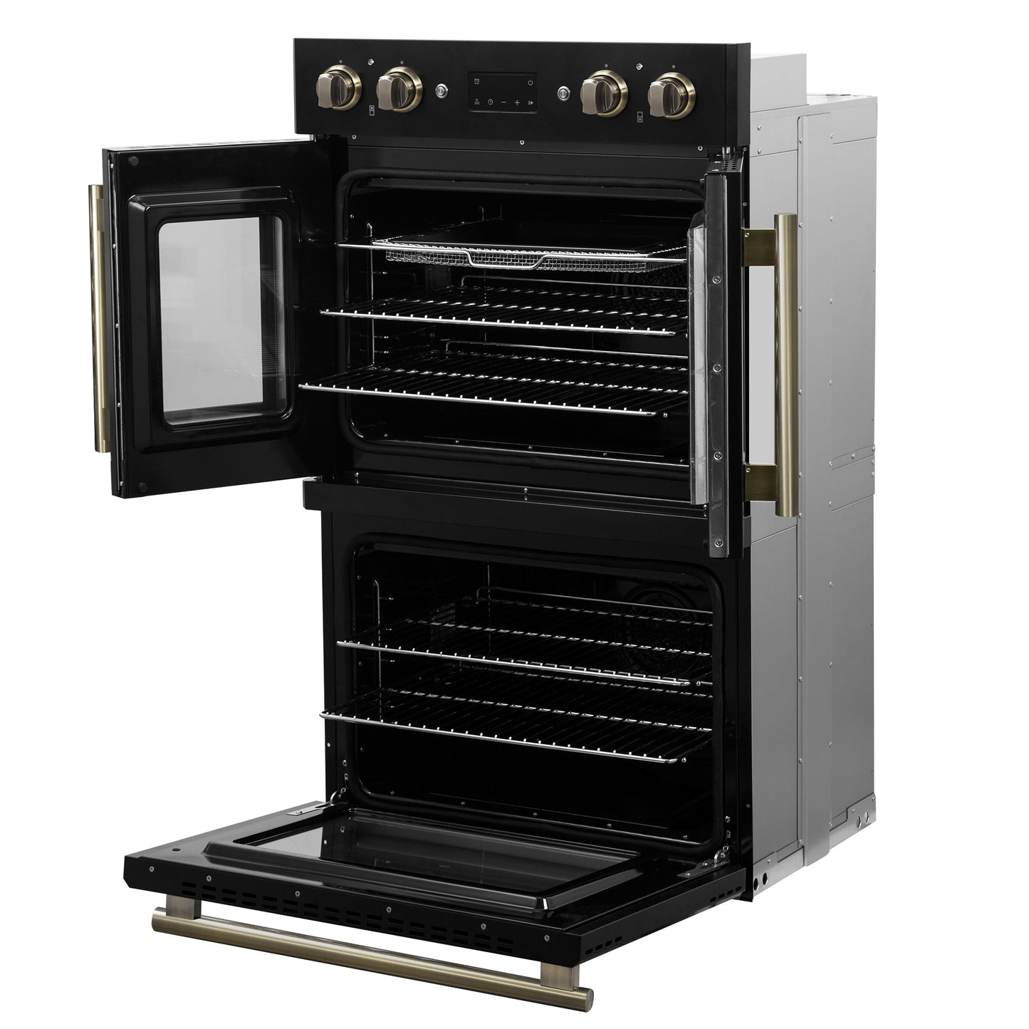 Forno Asti 30-Inch Double Electric Wall Oven with Upper French Doors in Black & Antique Brass, 7.36 cu. ft. Dual True Convection, 7,200W, Air Fry, Sous Vide, Self-Clean