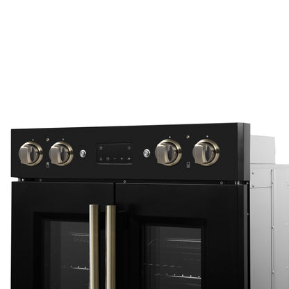 Forno Asti 30-Inch Double Electric Wall Oven with Upper French Doors in Black & Antique Brass, 7.36 cu. ft. Dual True Convection, 7,200W, Air Fry, Sous Vide, Self-Clean
