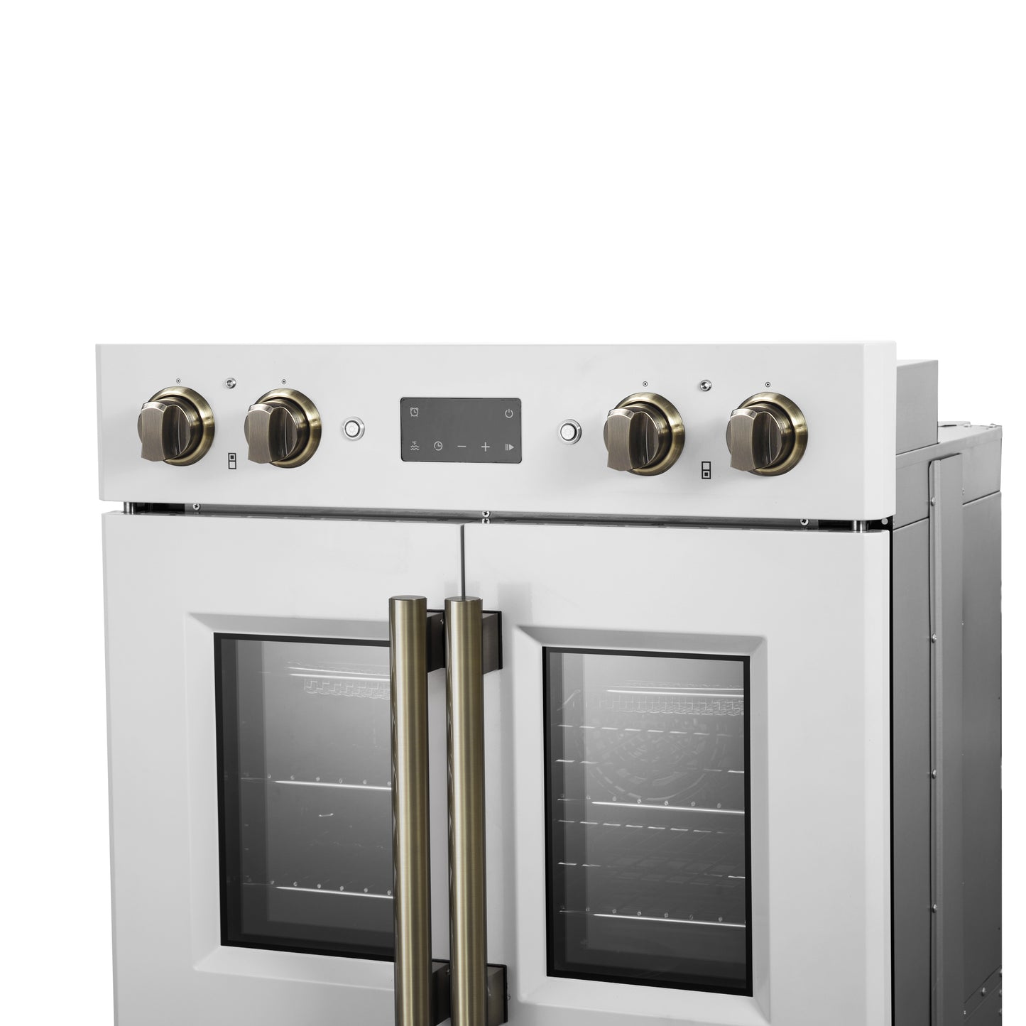 Forno Asti 30-Inch Double Electric Wall Oven with Upper French Doors in White & Antique Brass, 7.36 cu. ft. Dual True Convection, 7,200W, Air Fry, Sous Vide, Self-Clean