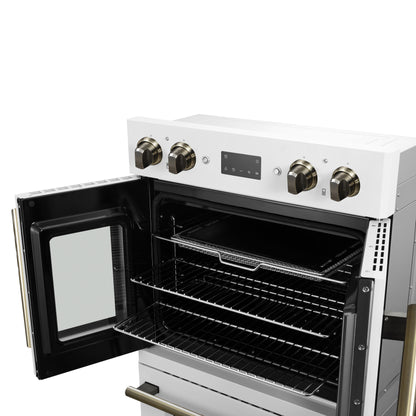 Forno Asti 30-Inch Double Electric Wall Oven with Upper French Doors in White & Antique Brass, 7.36 cu. ft. Dual True Convection, 7,200W, Air Fry, Sous Vide, Self-Clean