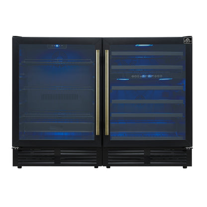 Forno Gemello 48 Inch Side-by-Side Wine and Beverage Cooler in Black with Antique Brass Handles, French Door, 9.6 cu. ft.