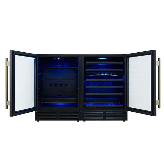 Forno Gemello 48 Inch Side-by-Side Wine and Beverage Cooler in Black with Antique Brass Handles, French Door, 9.6 cu. ft.
