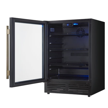 Forno Frescolino 24 Inch Beverage Cooler, Black with Antique Brass Handles, with LED Lighting, Triple Glass Door, 188 Can Capacity, Built-In or Freestanding