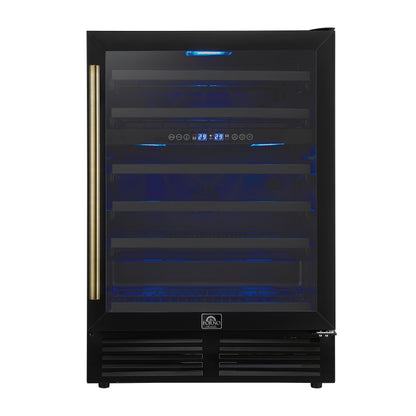 Forno Bacchino 24 Inch Wine Cooler, Black with Antique Brass Handles, with LED Lighting, Triple Glass Door, 51 Bottle Capacity, Built-In or Freestanding