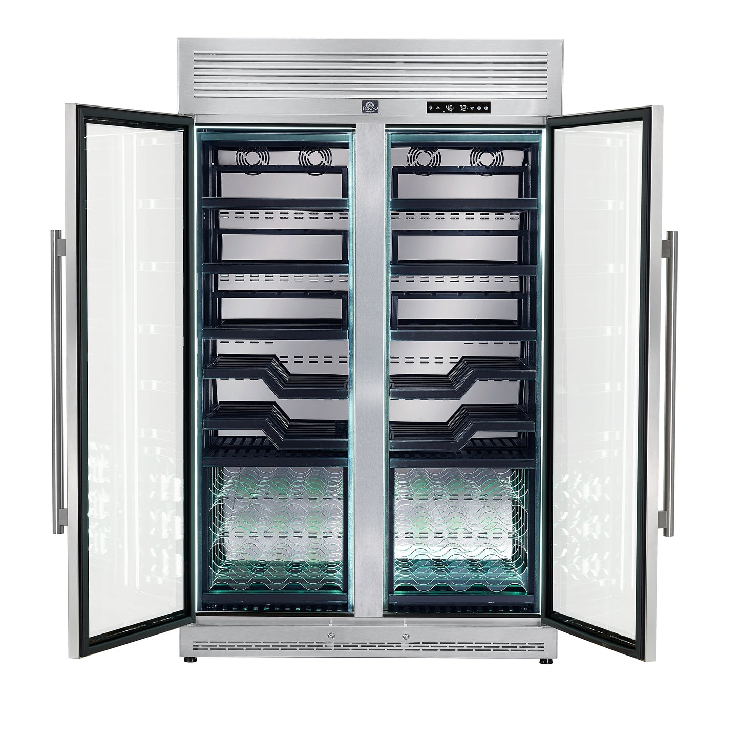 FORNO Abruzzo 48-Inch Dual Zones Wine Cellar, 102 Bottles, 24 cu. ft., Green Acrylic Holders & Black Shelves